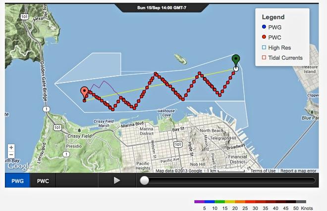 Upwind course projection September 15, 2013 - faint purple line is for Race 9, Red dotted line is for Race 10 © PredictWind.com www.predictwind.com